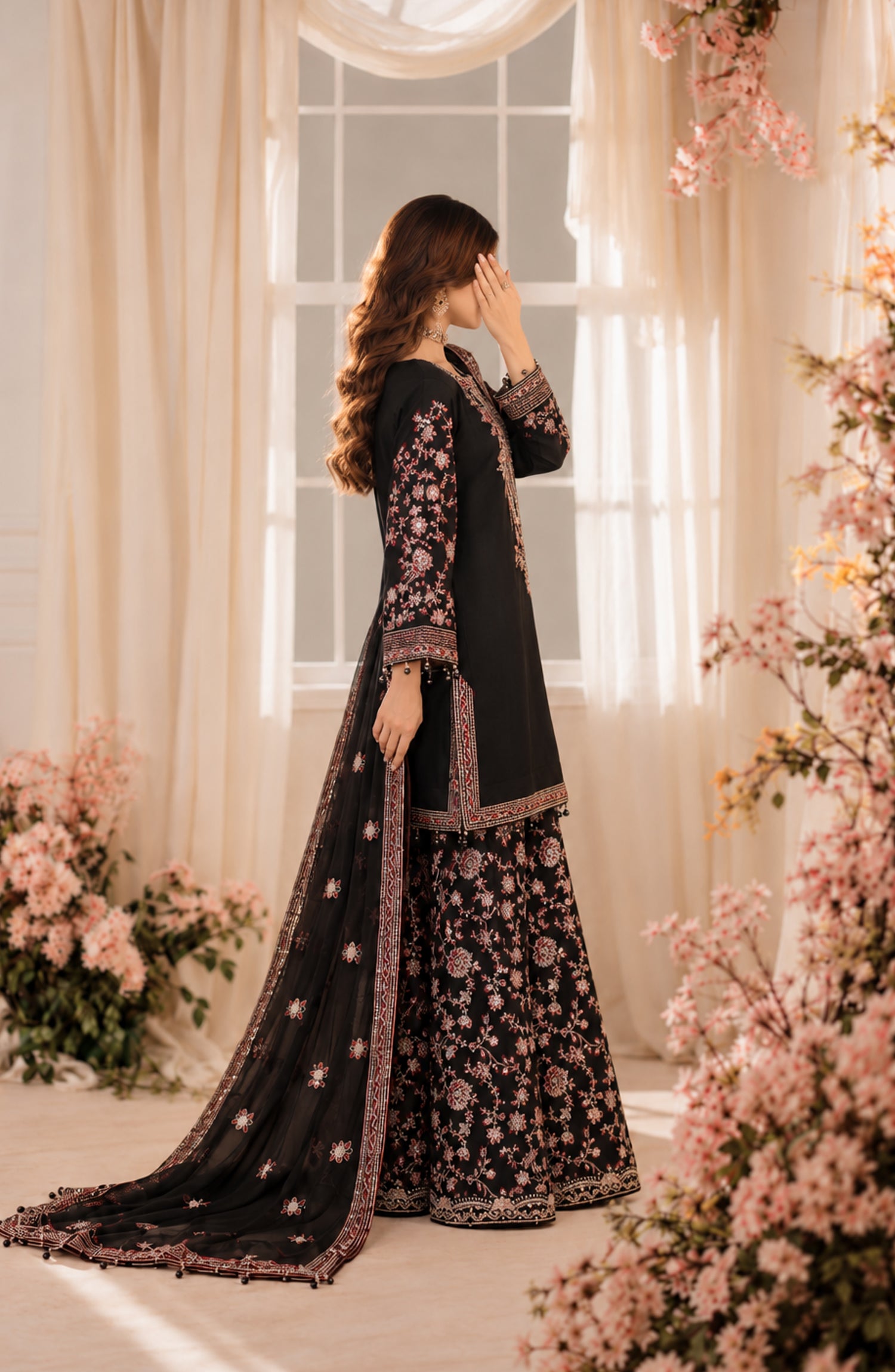 Darbaar-e-Ishq by Amna Khadija Embroidered Chiffon Stitched 3 Piece Suit - AKDI-04 - AM26DBR - Black - Festive Collection