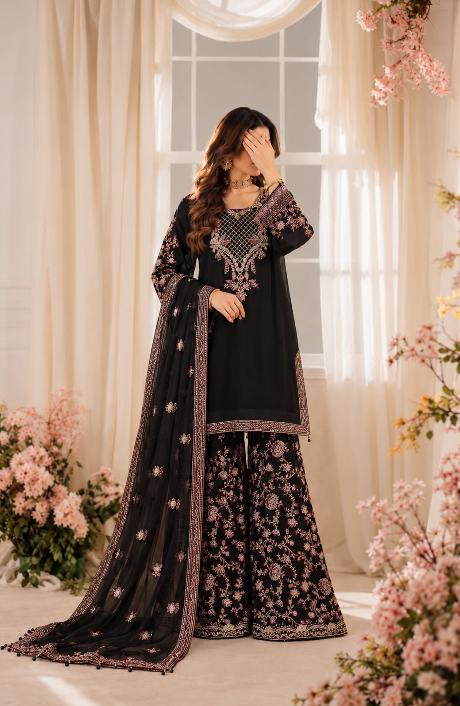 Darbaar-e-Ishq by Amna Khadija Embroidered Chiffon Stitched 3 Piece Suit - AKDI-04 - AM26DBR - Black - Festive Collection