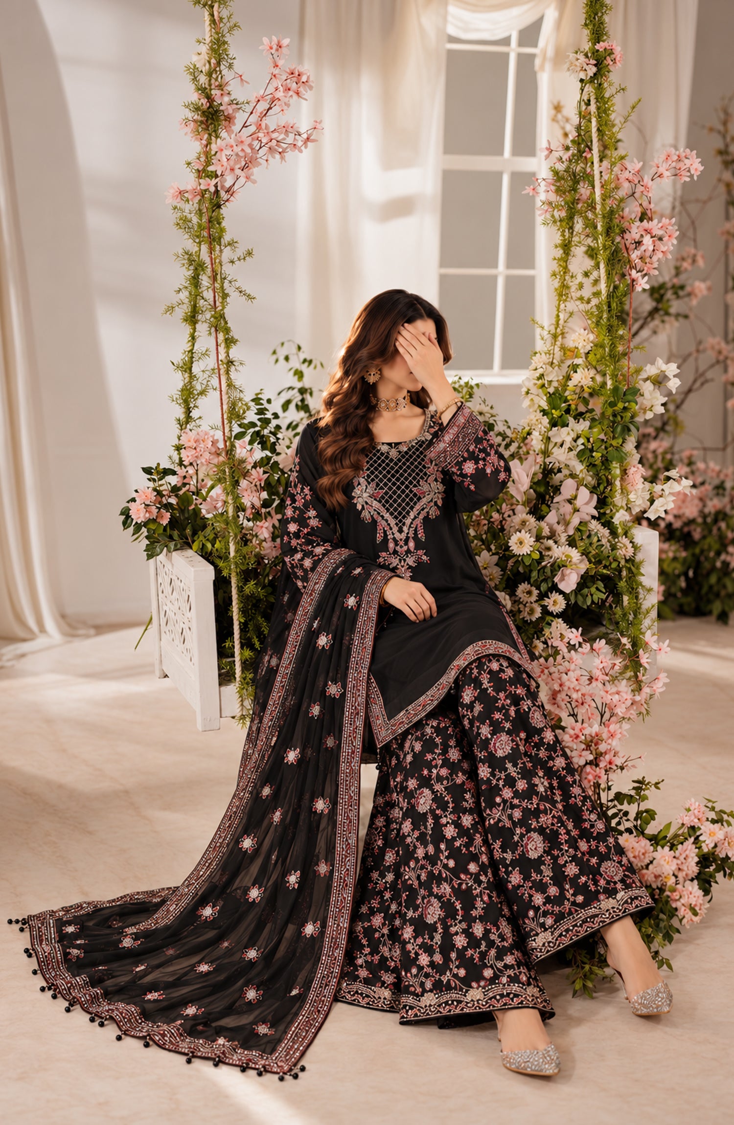 Darbaar-e-Ishq by Amna Khadija Embroidered Chiffon Stitched 3 Piece Suit - AKDI-04 - AM26DBR - Black - Festive Collection
