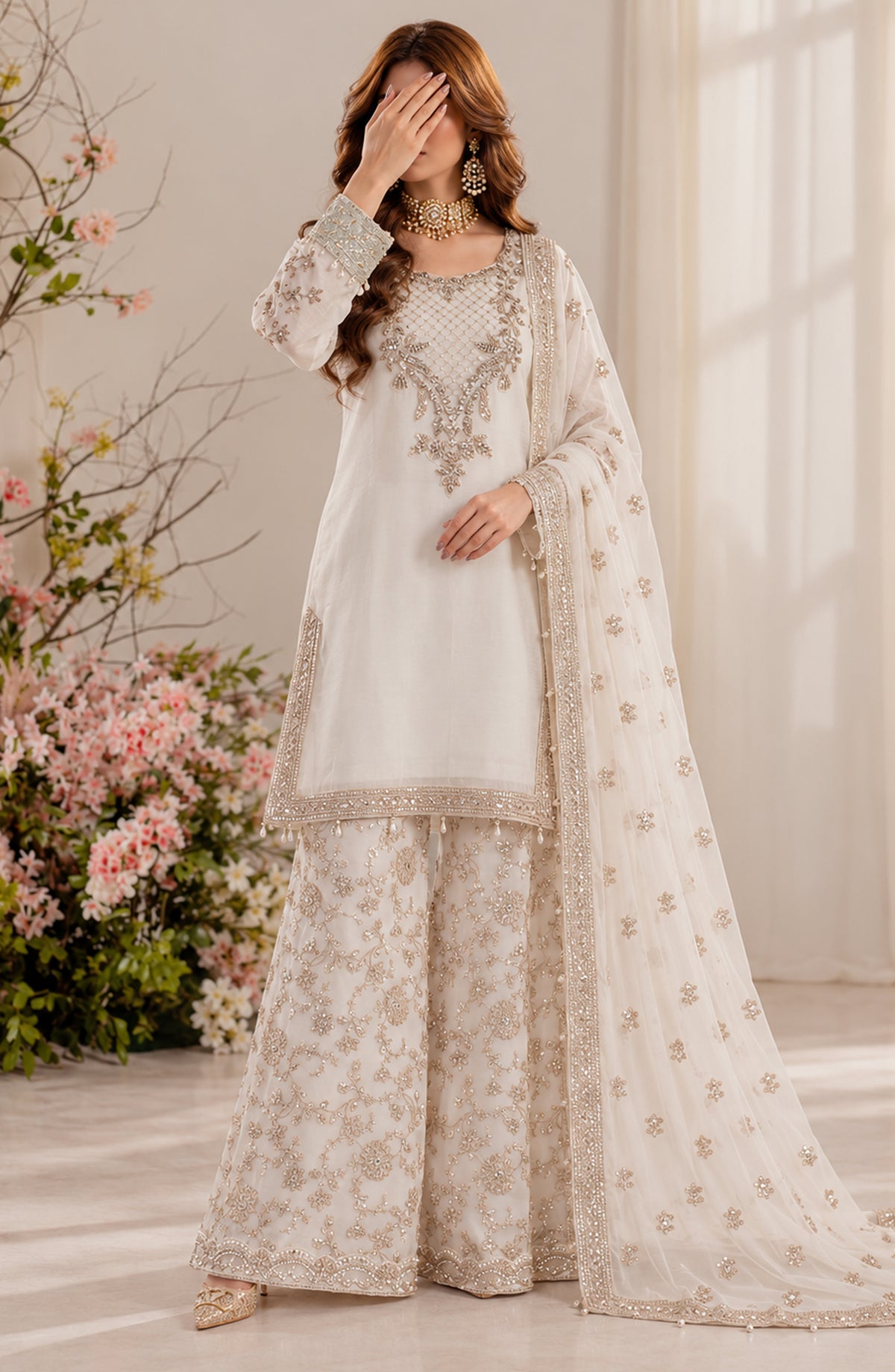 Darbaar-e-Ishq by Amna Khadija Embroidered Chiffon Stitched 3 Piece Suit - AKDI-05 - AM26DBR - White - Festive Collection