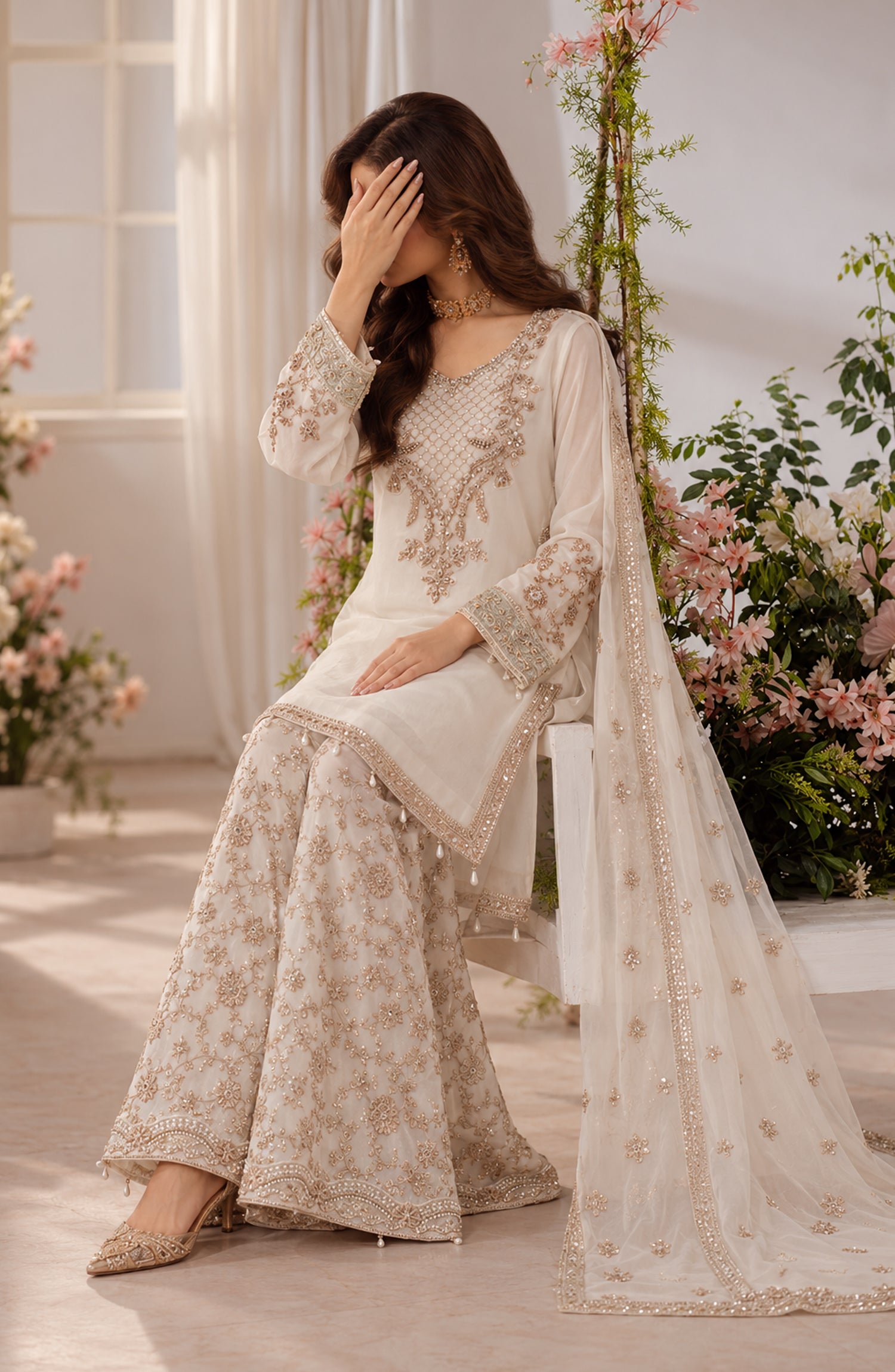 Darbaar-e-Ishq by Amna Khadija Embroidered Chiffon Stitched 3 Piece Suit - AKDI-05 - AM26DBR - White - Festive Collection
