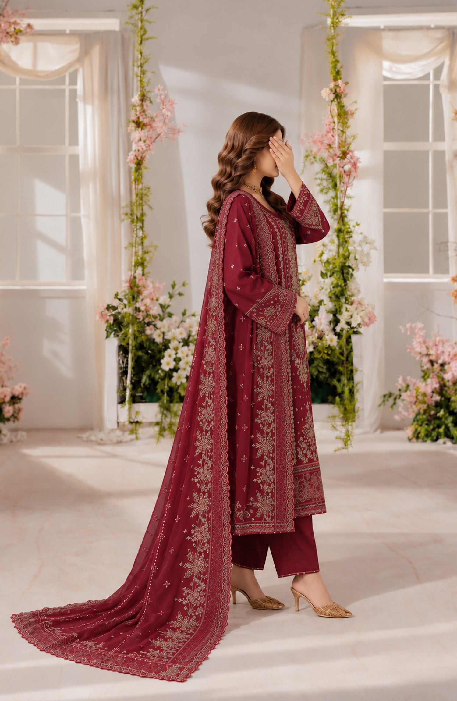 Darbaar-e-Ishq by Amna Khadija Embroidered Chiffon Stitched 3 Piece Suit - AKDI-06 - AM26DBR - Maroon - Festive Collection