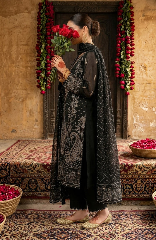 Darbaar-e-Ishq by Amna Khadija Embroidered Chiffon Stitched 3 Piece Suit - AKDI-08 - AM26BRT - Black - Festive Collection