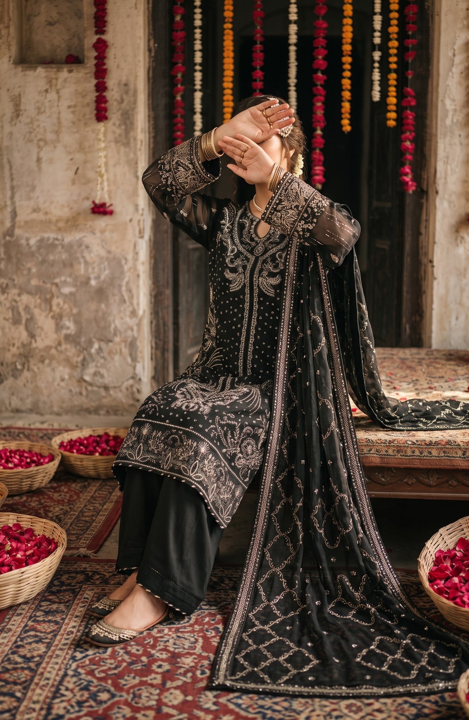 Darbaar-e-Ishq by Amna Khadija Embroidered Chiffon Stitched 3 Piece Suit - AKDI-08 - AM26BRT - Black - Festive Collection