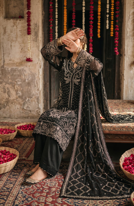 Darbaar-e-Ishq by Amna Khadija Embroidered Chiffon Stitched 3 Piece Suit - AKDI-08 - AM26BRT - Black - Festive Collection