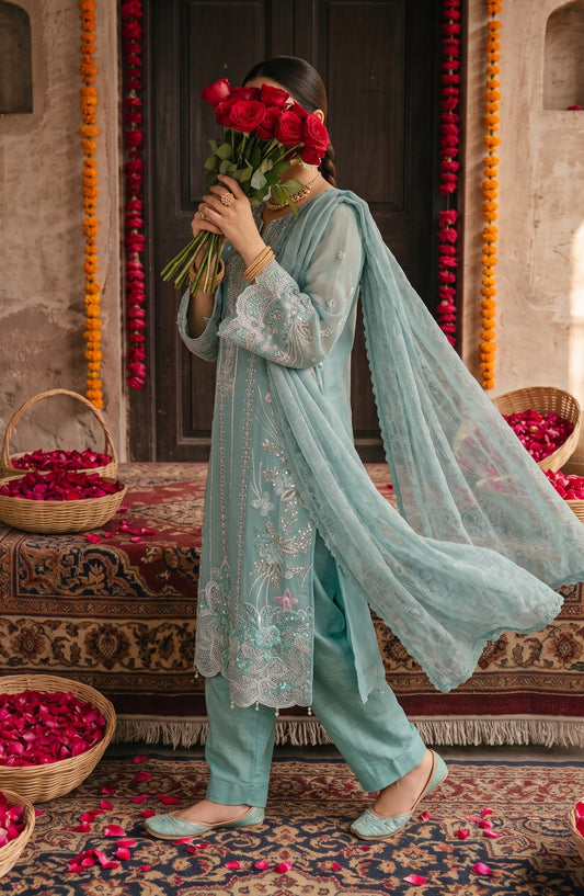 Darbaar-e-Ishq by Amna Khadija Embroidered Chiffon Stitched 3 Piece Suit - AKDI-09 - AM26BRT - Blue - Festive Collection