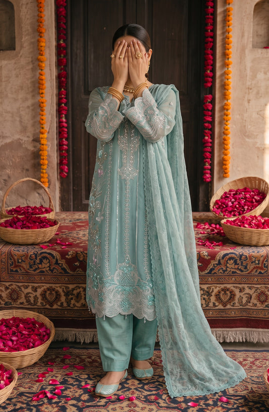 Darbaar-e-Ishq by Amna Khadija Embroidered Chiffon Stitched 3 Piece Suit - AKDI-09 - AM26BRT - Blue - Festive Collection