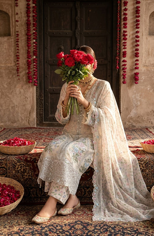 Darbaar-e-Ishq by Amna Khadija Embroidered Chiffon Stitched 3 Piece Suit - AKDI-10 - AM26BRT - Skin - Festive Collection