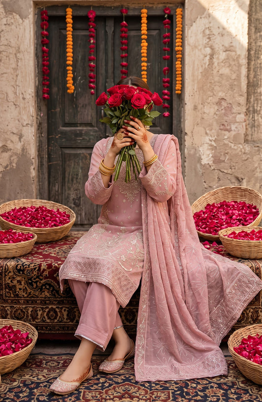 Darbaar-e-Ishq by Amna Khadija Embroidered Chiffon Stitched 3 Piece Suit - AKDI-12 - AM26BRT - Pink - Festive Collection