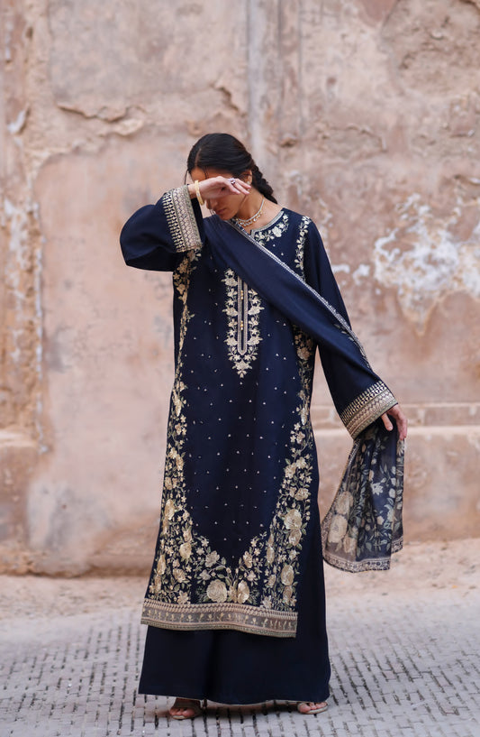 Darbar by Casual Lite Premium Embroidered Silk Viscose Stitched 3 Piece Suit - Shab-e-Darbar - CL26DRB - Blue - Festive Collection