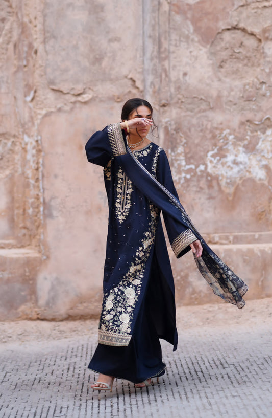 Darbar by Casual Lite Premium Embroidered Silk Viscose Stitched 3 Piece Suit - Shab-e-Darbar - CL26DRB - Blue - Festive Collection