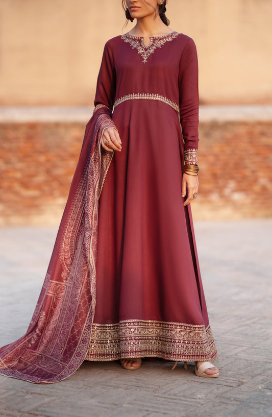 Darbar by Casual Lite Premium Embroidered Silk Viscose Stitched 3 Piece Suit - Shaam-e-Maroon - CL26DRB - Purple - Festive Collection