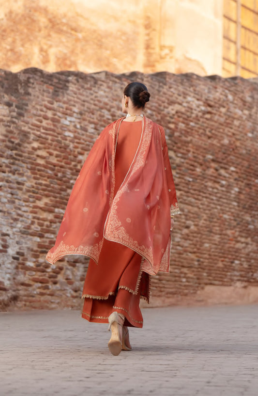 Darbar by Casual Lite Premium Embroidered Silk Viscose Stitched 3 Piece Suit - Mehr Unisa - CL26DRB - Rust - Festive Collection