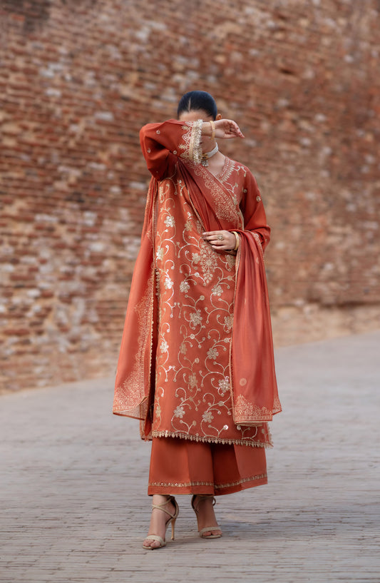 Darbar by Casual Lite Premium Embroidered Silk Viscose Stitched 3 Piece Suit - Mehr Unisa - CL26DRB - Rust - Festive Collection