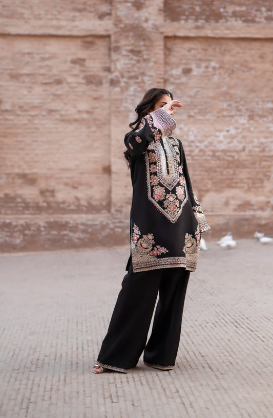 Darbar by Casual Lite Premium Embroidered Silk Viscose Stitched 3 Piece Suit - Gulkaar - CL26DRB - Black - Festive Collection