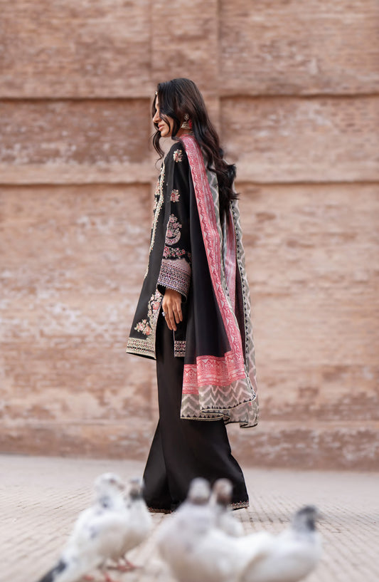 Darbar by Casual Lite Premium Embroidered Silk Viscose Stitched 3 Piece Suit - Gulkaar - CL26DRB - Black - Festive Collection