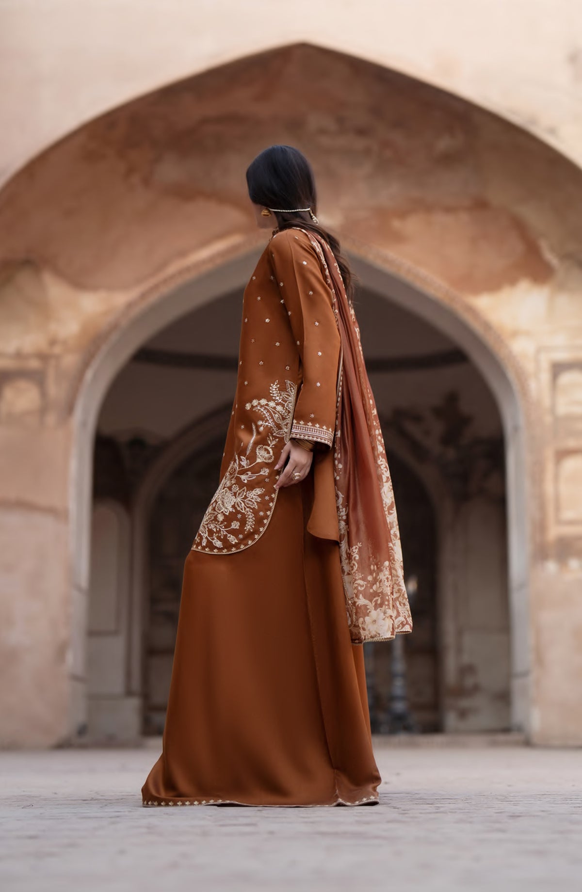 Darbar by Casual Lite Premium Embroidered Silk Viscose Stitched 3 Piece Suit - Mehrbano - CL26DRB - Rust - Festive Collection