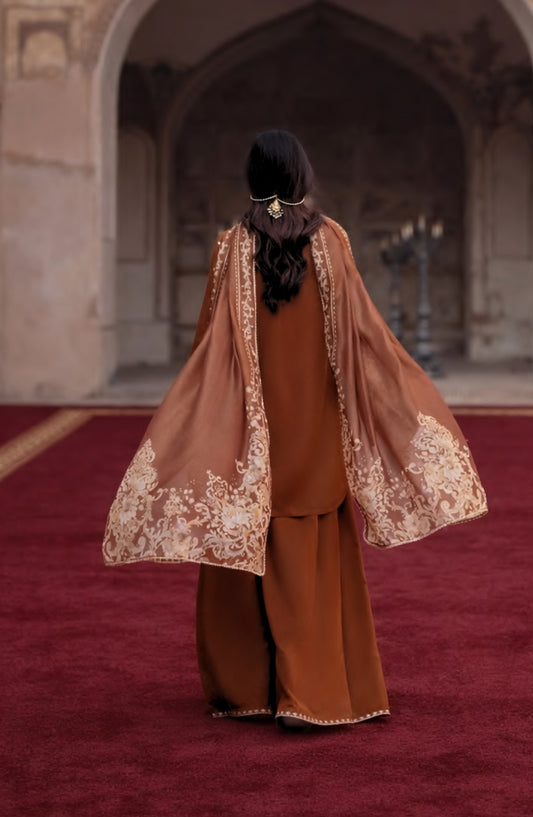 Darbar by Casual Lite Premium Embroidered Silk Viscose Stitched 3 Piece Suit - Mehrbano - CL26DRB - Rust - Festive Collection