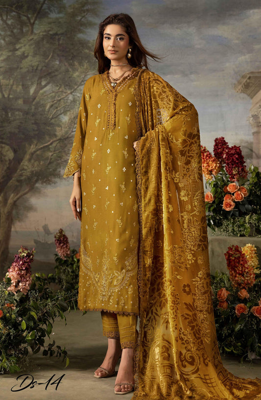 Dastaan by Riaz Arts Embroidered Leather Peach Unstitched 3 Piece Suit - D-14 - RA25DST - Mustard - Winter Collection