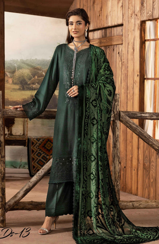 Dastaan by Riaz Arts Embroidered Leather Peach Unstitched 3 Piece Suit - D-13 - RA25DST - Green - Winter Collection