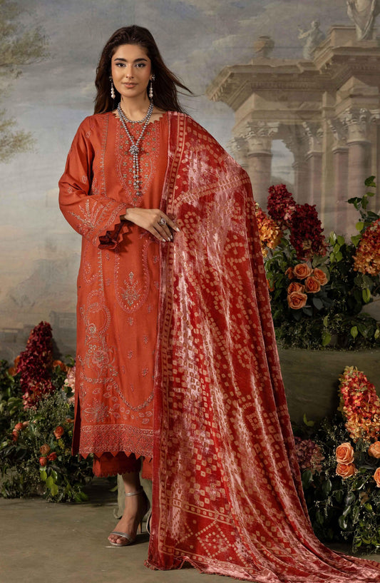 Dastaan by Riaz Arts Embroidered Leather Peach Unstitched 3 Piece Suit - D-12 - RA25DST - Orange - Winter Collection