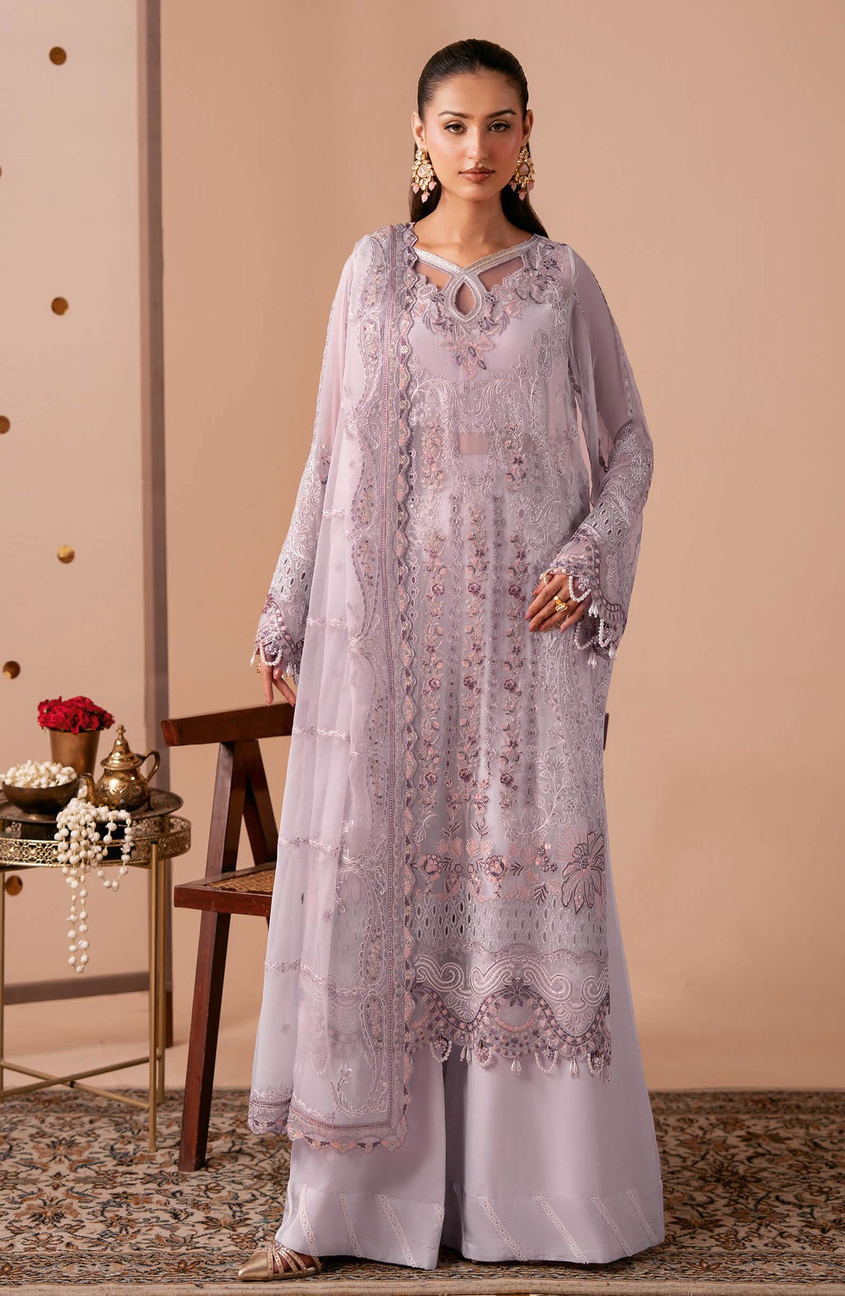 Dastak by Ramsha Premium Embroidered Chiffon Unstitched 3 Piece Suit - Q-308 - RM26DTK - Purple - Festive Collection
