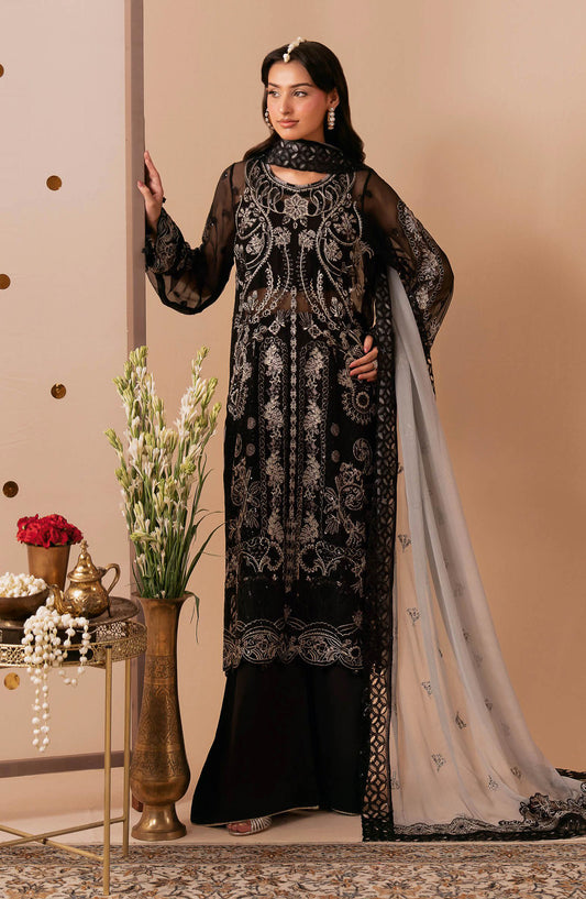 Dastak by Ramsha Premium Embroidered Chiffon Unstitched 3 Piece Suit - Q-306 - RM26DTK - Black - Festive Collection