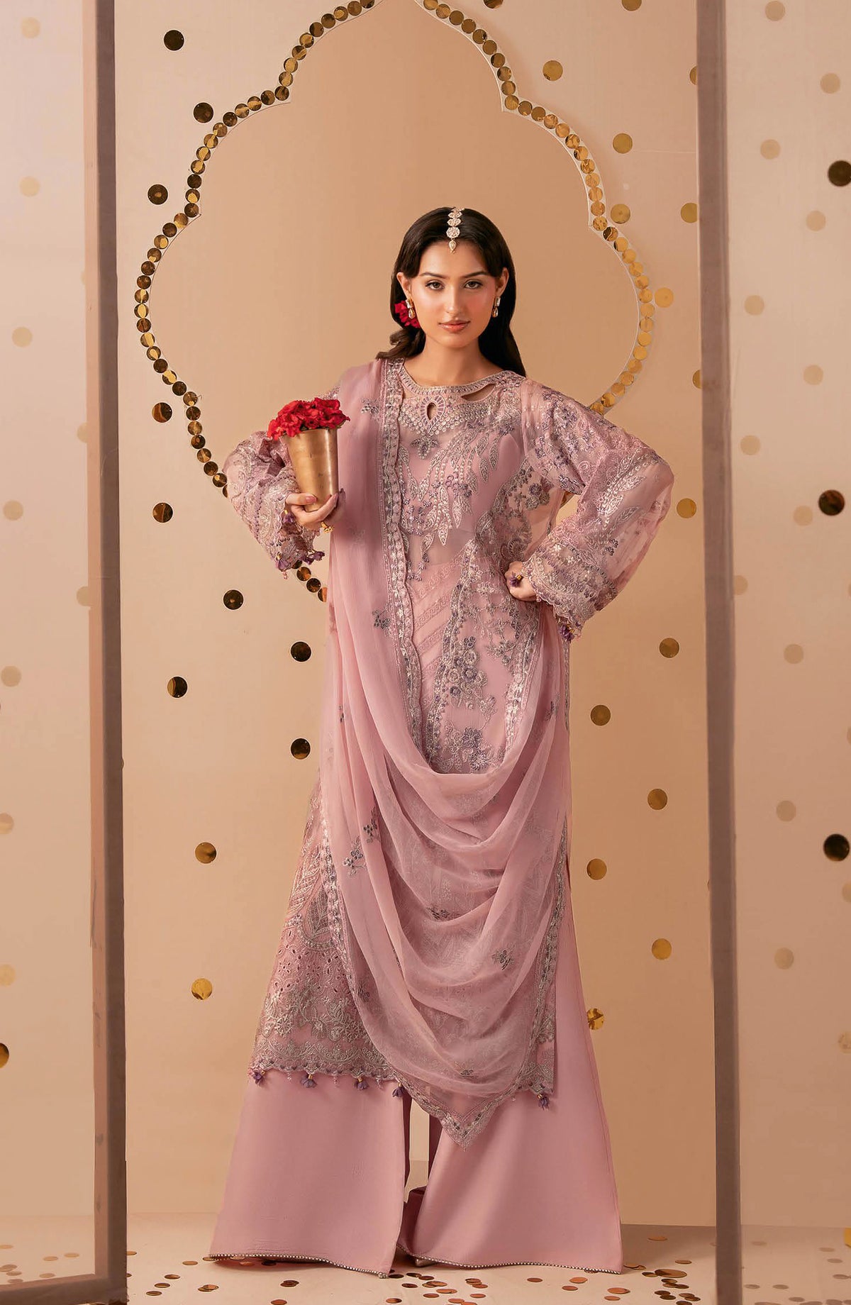 Dastak by Ramsha Premium Embroidered Chiffon Unstitched 3 Piece Suit - Q-305 - RM26DTK - Pink - Festive Collection