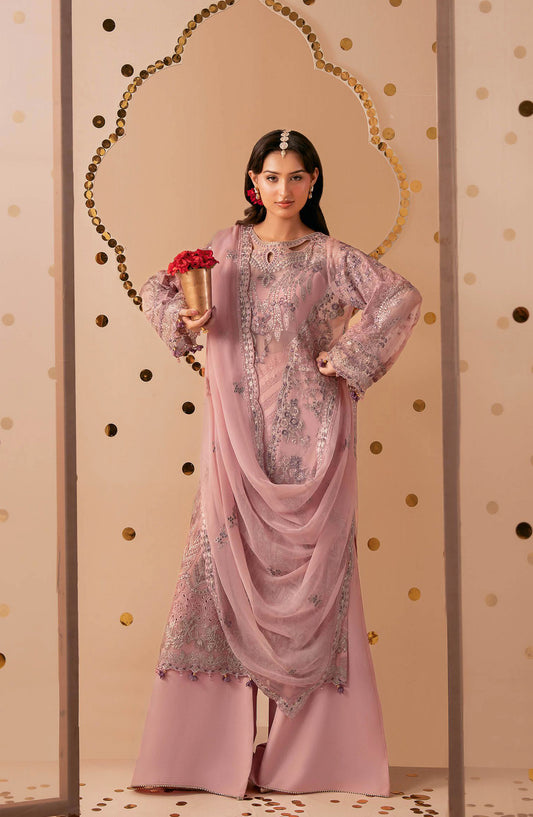 Dastak by Ramsha Premium Embroidered Chiffon Unstitched 3 Piece Suit - Q-305 - RM26DTK - Pink - Festive Collection