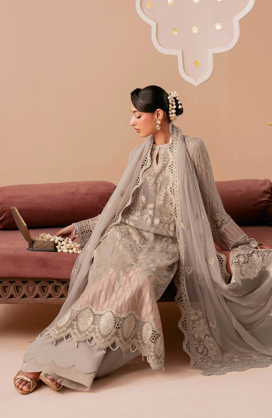 Dastak by Ramsha Premium Embroidered Chiffon Unstitched 3 Piece Suit - Q-304 - RM26DTK - Grey - Festive Collection