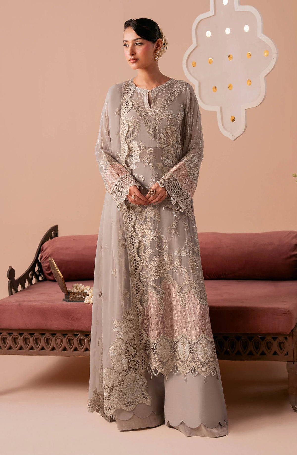 Dastak by Ramsha Premium Embroidered Chiffon Unstitched 3 Piece Suit - Q-304 - RM26DTK - Grey - Festive Collection