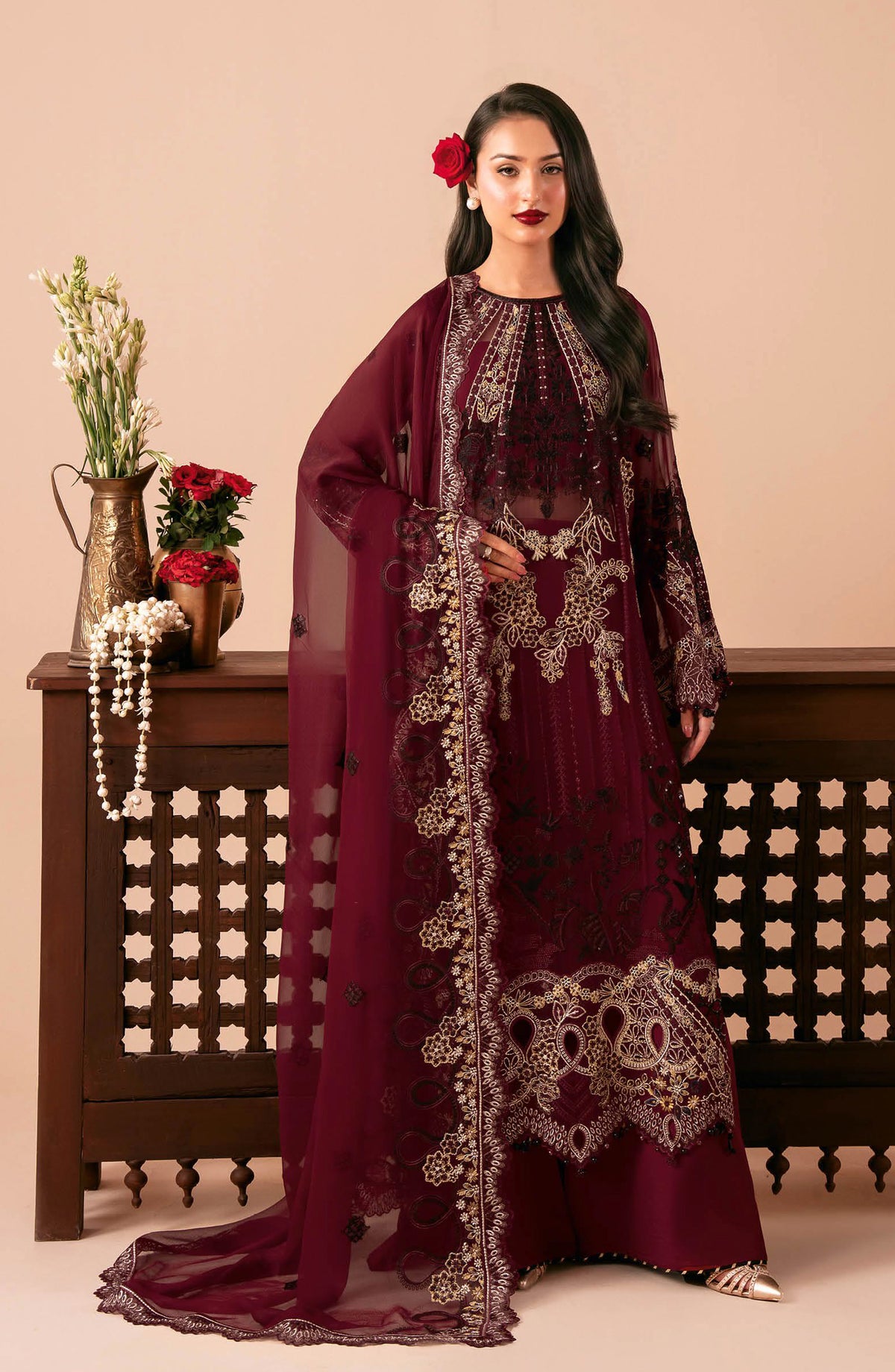 Dastak by Ramsha Premium Embroidered Chiffon Unstitched 3 Piece Suit - Q-303 - RM26DTK - Maroon - Festive Collection