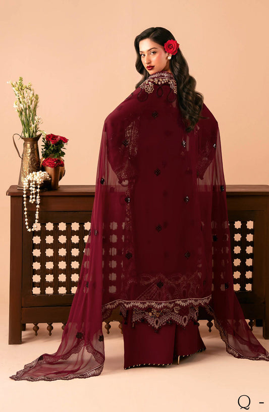 Dastak by Ramsha Premium Embroidered Chiffon Unstitched 3 Piece Suit - Q-303 - RM26DTK - Maroon - Festive Collection