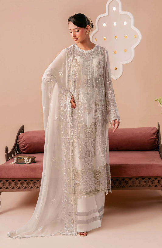 Dastak by Ramsha Premium Embroidered Chiffon Unstitched 3 Piece Suit - Q-302 - RM26DTK - White - Festive Collection
