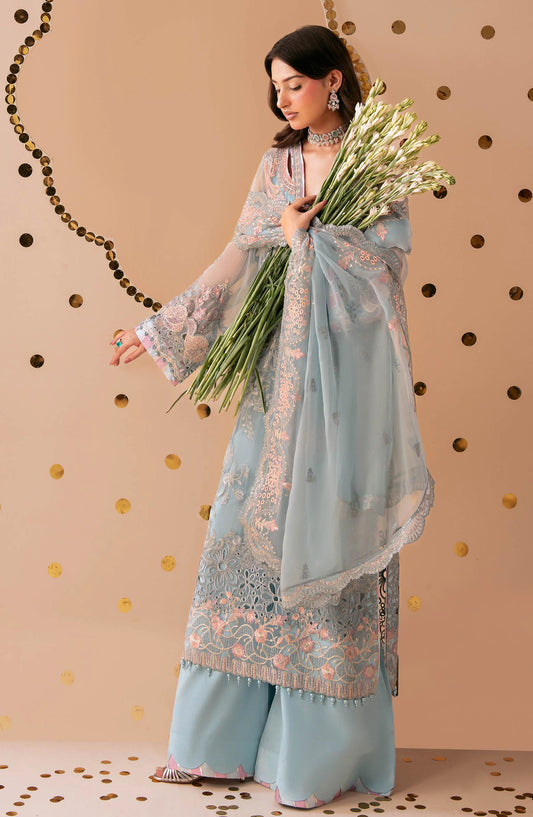 Dastak by Ramsha Premium Embroidered Chiffon Unstitched 3 Piece Suit - Q-301 - RM26DTK - Blue - Festive Collection