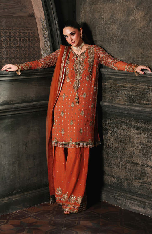 Dastan E Jashan by Charizma Premium Embroidered Chiffon Unstitched 3 Piece Suit - DJW5-11 - CHZ2JSH - Orange - Formals Collection