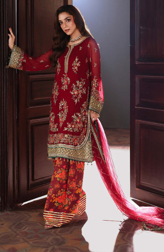 Dastan E Jashan by Charizma Premium Embroidered Chiffon Unstitched 3 Piece Suit - DJW5-09 - CHZ2JSH - Maroon - Formals Collection