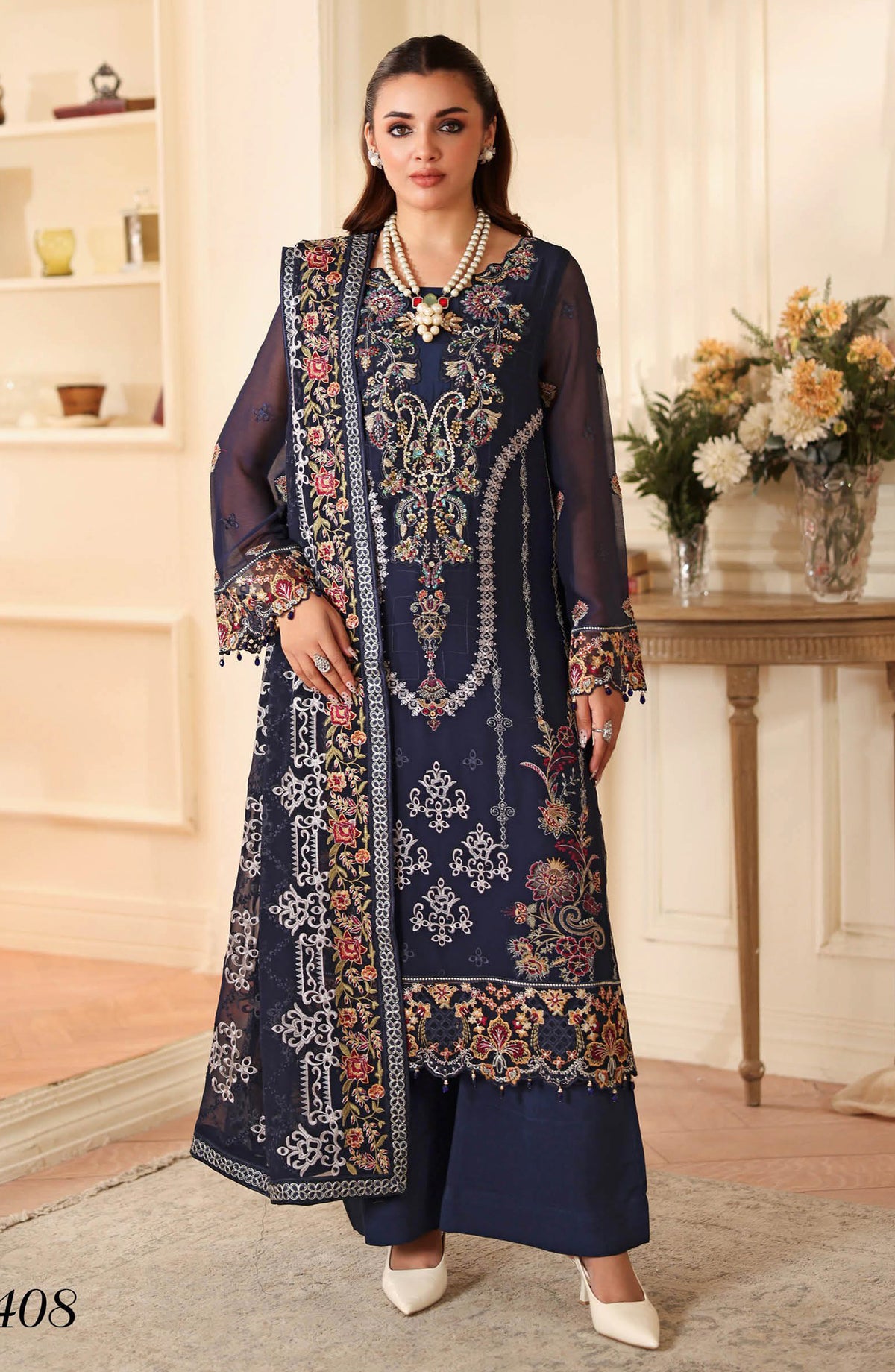 Dastan by Ramsha Embroidered Chiffon Unstitched 3 Piece Suit - T-408 - RM25DST - Blue - Luxury Collection