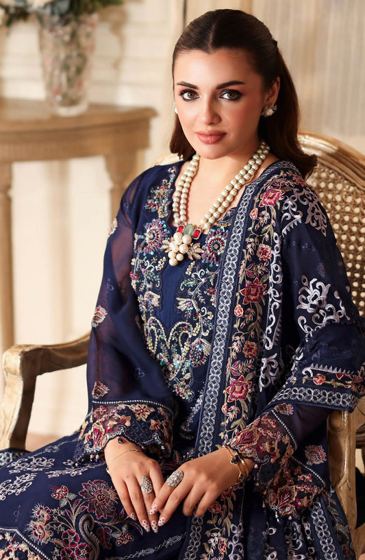 Dastan by Ramsha Embroidered Chiffon Unstitched 3 Piece Suit - T-408 - RM25DST - Blue - Luxury Collection