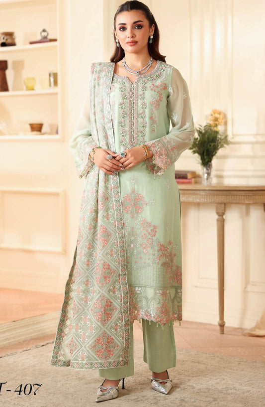 Dastan by Ramsha Embroidered Chiffon Unstitched 3 Piece Suit - T-407 - RM25DST - Pista Green - Luxury Collection
