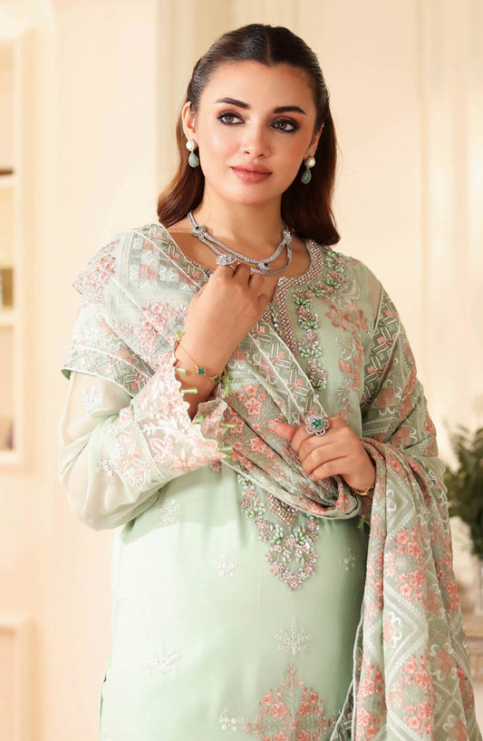 Dastan by Ramsha Embroidered Chiffon Unstitched 3 Piece Suit - T-407 - RM25DST - Pista Green - Luxury Collection