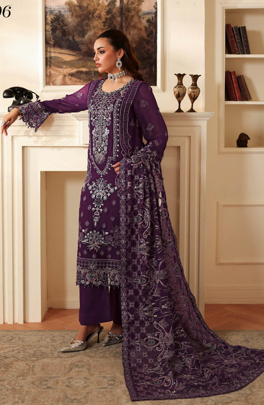 Dastan by Ramsha Embroidered Chiffon Unstitched 3 Piece Suit - T-406 - RM25DST - Purple - Luxury Collection