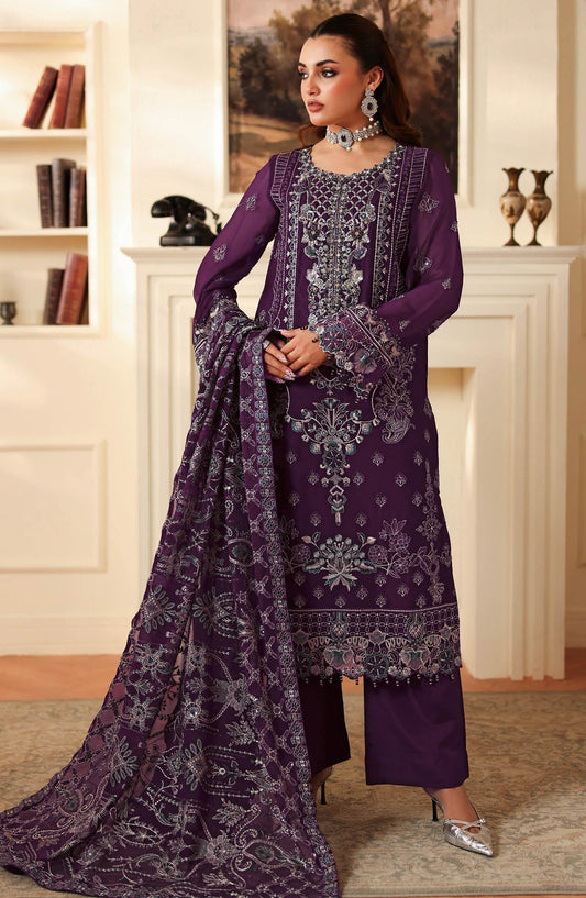 Dastan by Ramsha Embroidered Chiffon Unstitched 3 Piece Suit - T-406 - RM25DST - Purple - Luxury Collection