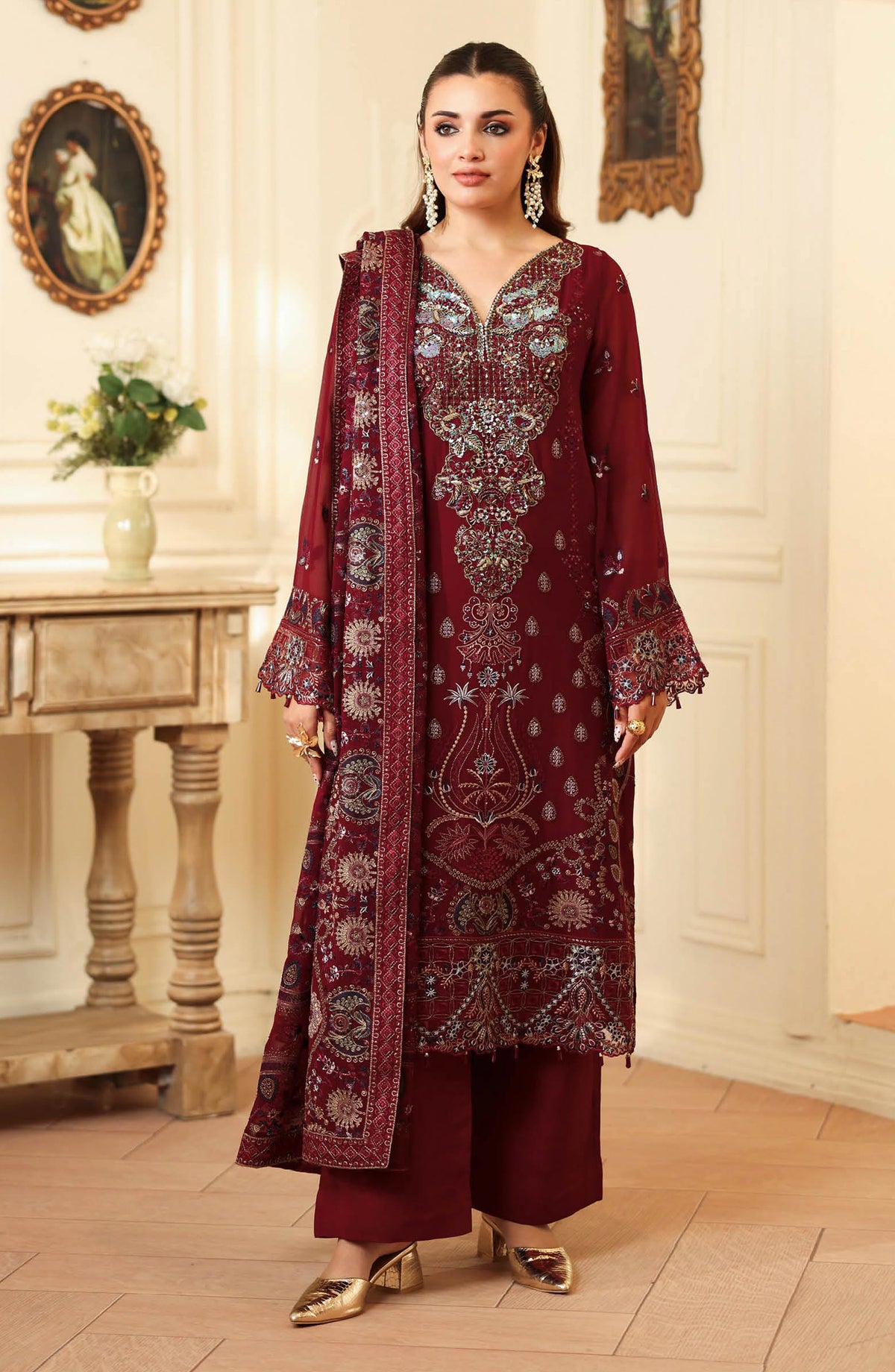 Dastan by Ramsha Embroidered Chiffon Unstitched 3 Piece Suit - T-404 - RM25DST - Maroon - Luxury Collection