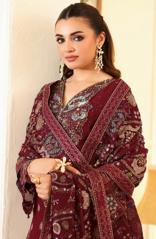 Dastan by Ramsha Embroidered Chiffon Unstitched 3 Piece Suit - T-404 - RM25DST - Maroon - Luxury Collection