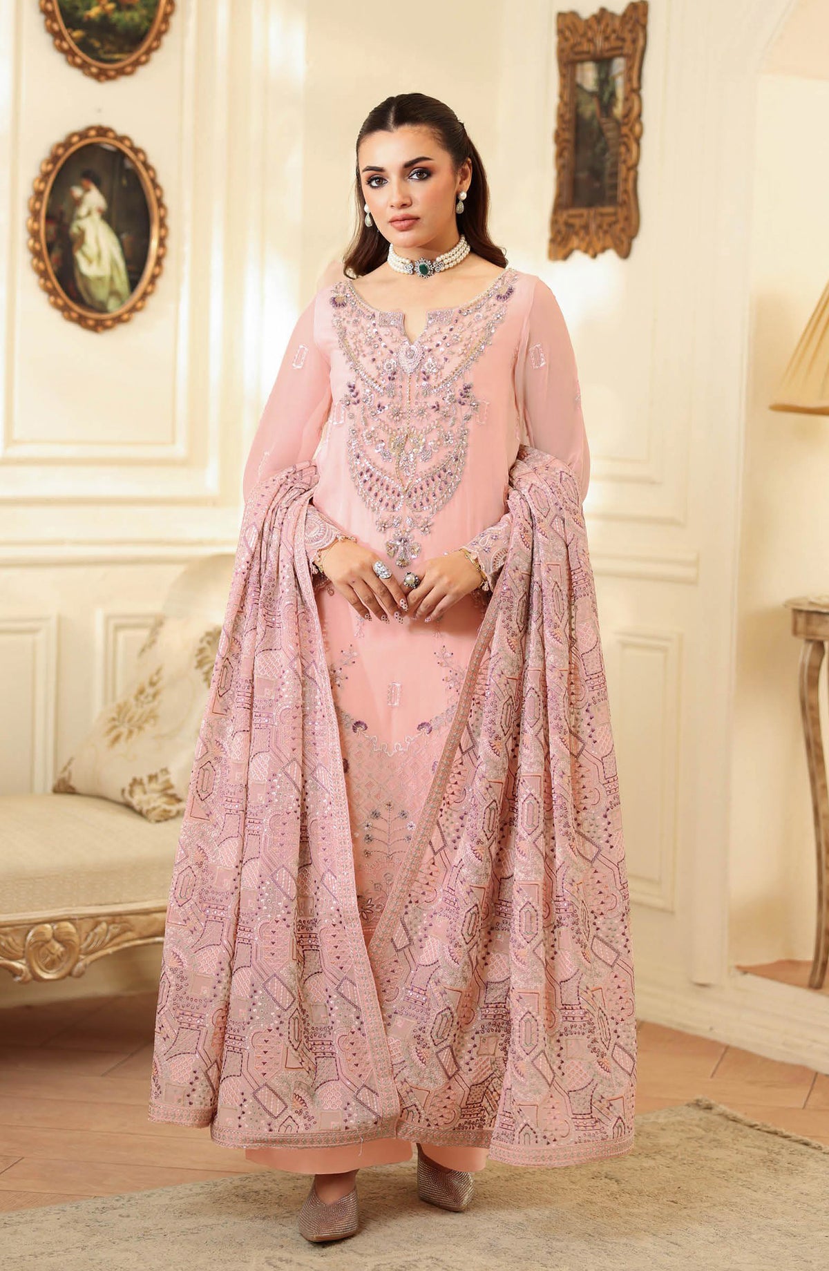 Dastan by Ramsha Embroidered Chiffon Unstitched 3 Piece Suit - T-403 - RM25DST - Pink - Luxury Collection