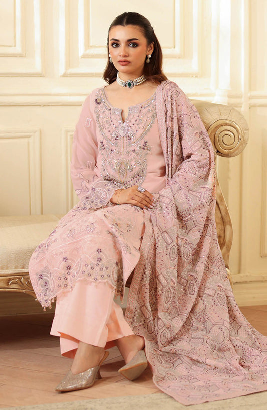 Dastan by Ramsha Embroidered Chiffon Unstitched 3 Piece Suit - T-403 - RM25DST - Pink - Luxury Collection