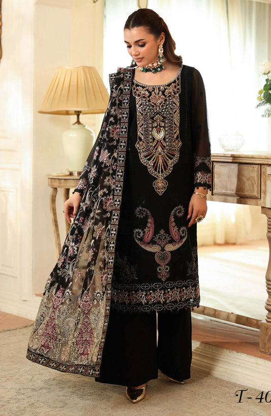 Dastan by Ramsha Embroidered Chiffon Unstitched 3 Piece Suit - T-402 - RM25DST - Black - Luxury Collection