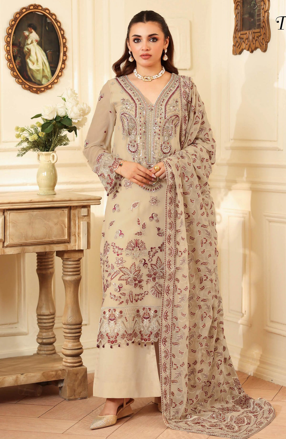 Dastan by Ramsha Embroidered Chiffon Unstitched 3 Piece Suit - T-401 - RM25DST - Fawn - Luxury Collection