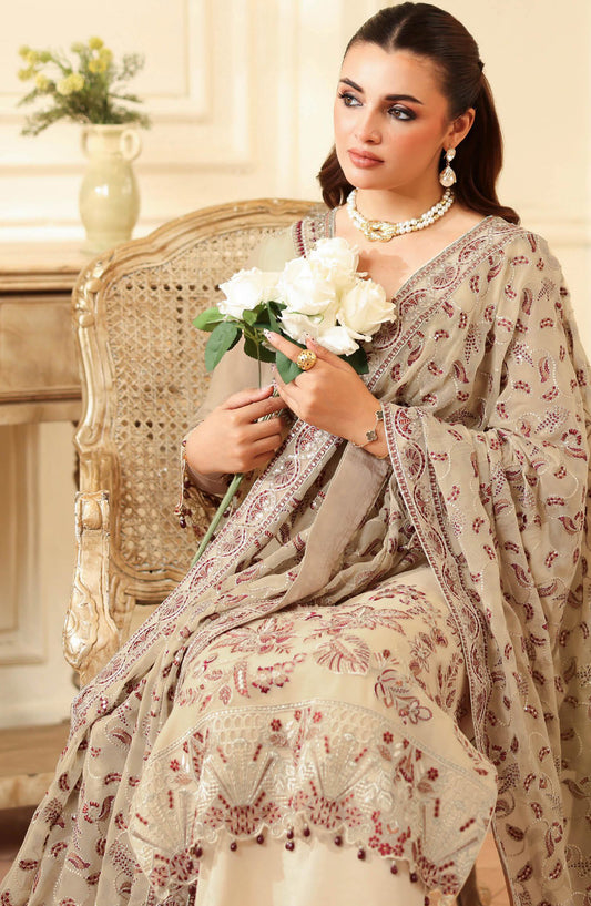 Dastan by Ramsha Embroidered Chiffon Unstitched 3 Piece Suit - T-401 - RM25DST - Fawn - Luxury Collection